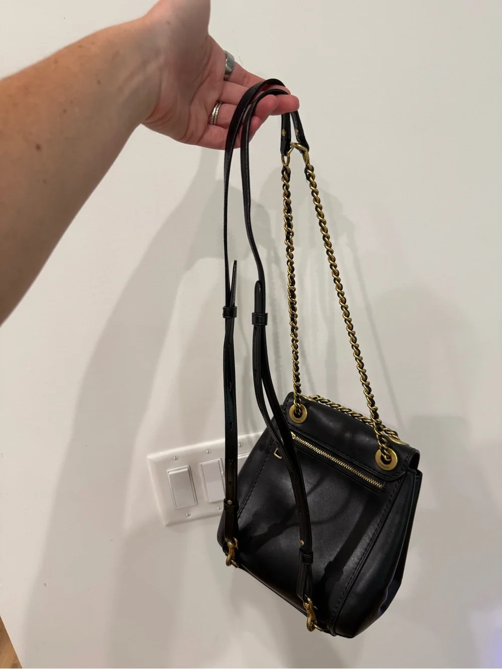 Coach Black Leather Parker Convertible Backpack with Gold Chain Hardware